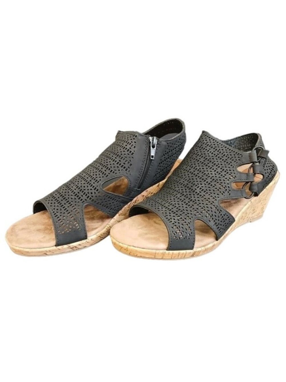 Rockport Cobb Hill Janna Black Laser-cut Nubuck Leather Slingback Wedge Sandals